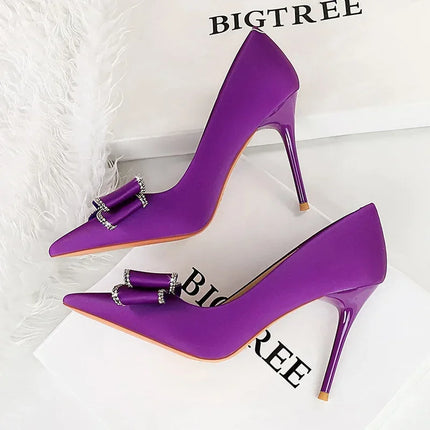 BIGTREE New Fashion Women Dress Shoes 10cm tacchi alti Shallow Toe Crystal Butterfly Knots Lady Red Silk Shoes taglia 34-40