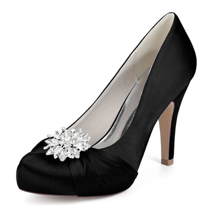 Primavera Boca de pescado Punta redonda Diamantes de imitación de seda Zapatos de boda impermeables de tacón alto para mesa Sandalias de mujer de talla grande para vestido de banquete