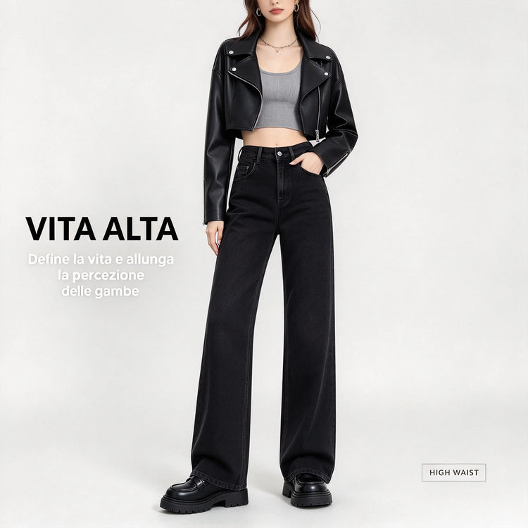 Minimalist black high-waisted straight-leg women’s jeans, in a relaxed-fit black denim with an elegant, casual style, perfect for a casual office look and versatile everyday wear FX-1338-1