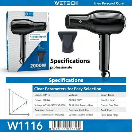 WETECH 2000W Professional High‑Power Hair Dryer Salon Fast Drying Blow Dryer With Concentrator Nozzle Cool Shot Function Household Hair Styling Tool