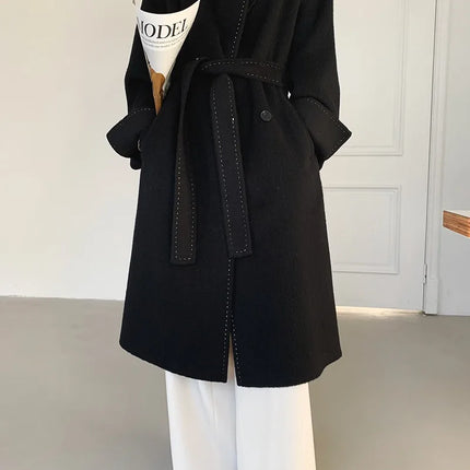 New Solid Korean Style Women Wool Coat Arch Needle Large Neck Versatile Fashion Texture Double Sided Trench Coats Female Winter