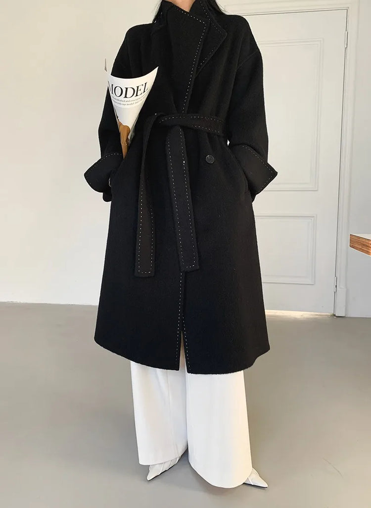 New Solid Korean Style Women Wool Coat Arch Needle Large Neck Versatile Fashion Texture Double Sided Trench Coats Female Winter