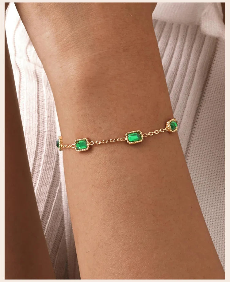 Retro Green Zircon Pendant Necklace For Women, Crystal Stone Chain Stainless Steel Gold Plated Luxury Birthday Gifts PlatiNum