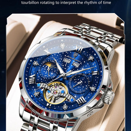 POEDAGAR Top Orologio da uomo originale Orologio meccanico automatico da uomo in acciaio inossidabile Calendario Hollow Tourbillon Orologio da uomo Maschio + scatola platinumshop