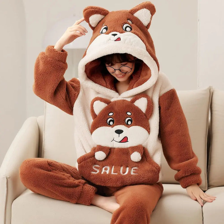 Cute Pajamas Set 2 Pieces Women Sleepwear Warm Winter Thick Coral Fleece Hooded Cartoon Girls Homewear Animal Pajamas Nighties