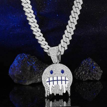 Men White Blue Cubic Zirconia Paved Hip Hop Round Face Pendants Necklaces with Cuban Chain Iced Out Bling CZ Fashion Boy Jewelry PlatiNum