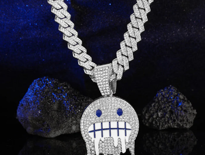 Men White Blue Cubic Zirconia Paved Hip Hop Round Face Pendants Necklaces with Cuban Chain Iced Out Bling CZ Fashion Boy Jewelry PlatiNum