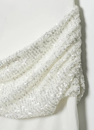 HH 2026 Abito Corto Elegante da Donna Bianco con Maniche Corte, Schiena Scoperta e Decorazioni in Paillettes, Mini Abito Sexy alla Moda per Feste platinumshop