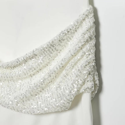 HH 2026 Abito Corto Elegante da Donna Bianco con Maniche Corte, Schiena Scoperta e Decorazioni in Paillettes, Mini Abito Sexy alla Moda per Feste platinumshop