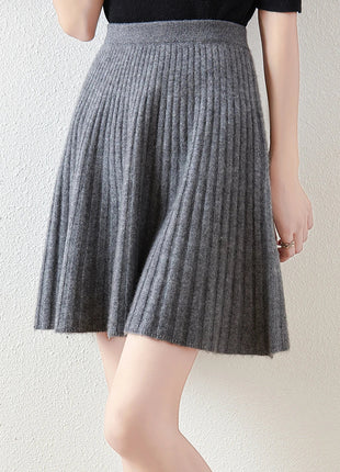 Korean Skirt 100% Merino Wool Women's Knitted Mini Skirt Autumn and Winter Women's Fashion Solid Color Small Umbrella Skirt PlatiNum