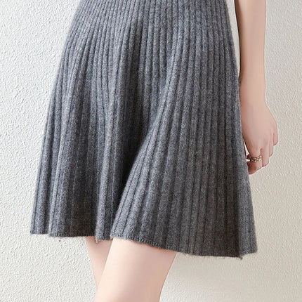 Korean Skirt 100% Merino Wool Women's Knitted Mini Skirt Autumn and Winter Women's Fashion Solid Color Small Umbrella Skirt PlatiNum