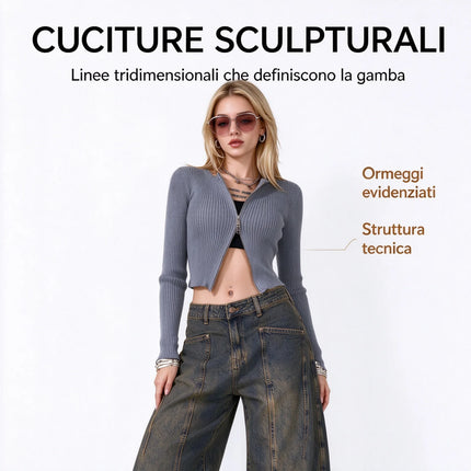 Women’s High-Waisted Wide-Leg Curved Jeans, Rust-Brown Vintage-Wash Denim with Vertical Stitching and Front Pockets, Casual Retro-Style Trousers for Everyday Wear  YW-1855