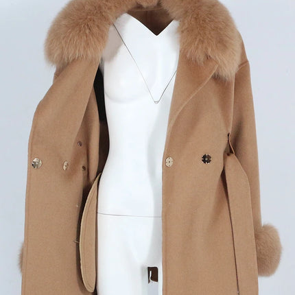 OFTBUY Real Fur Coat Winter Jacket Women Natural Fox Fur Collar Cuffs Belt Cashmere Wool Woolen Ladies Outerwear Streetwear