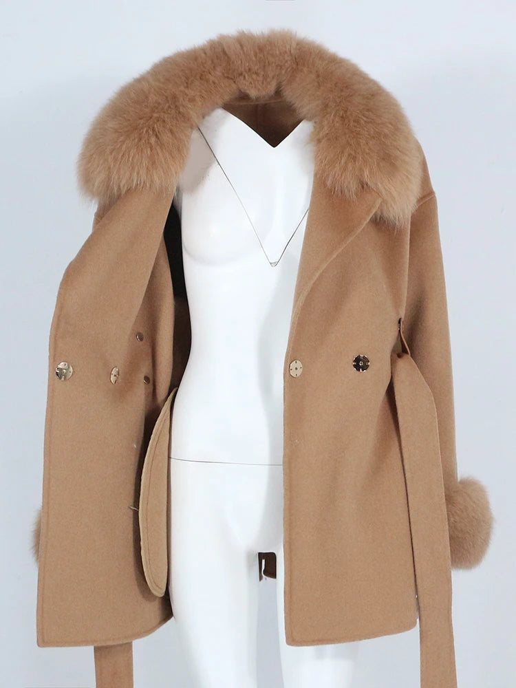 OFTBUY Real Fur Coat Winter Jacket Women Natural Fox Fur Collar Cuffs Belt Cashmere Wool Woolen Ladies Outerwear Streetwear