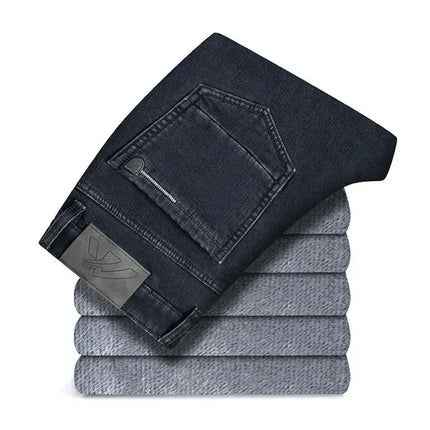 Winter Warm Men's Jeans Fleece Thickened Elastic Smoke Gray Black Business Straight Casual Denim Pants Brand Man PlushClothes