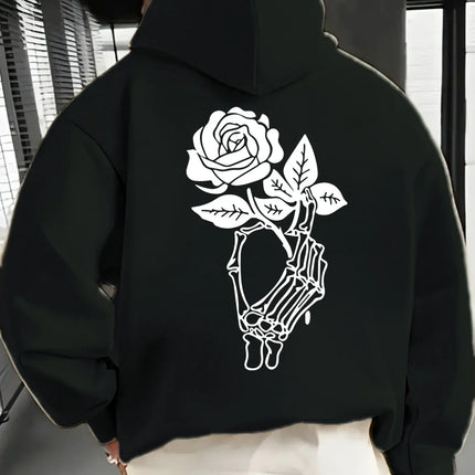 Gothic Skeleton Hand Holding Rose Large Back Print Hoodie Pullover Unisex Loose Fleece Lined Autumn Winter
