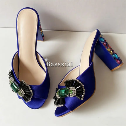 Sandali con tacco alto da donna estivi in seta blu con strass colorati e decorazioni a nodo a farfalla in cristallo per ragazze