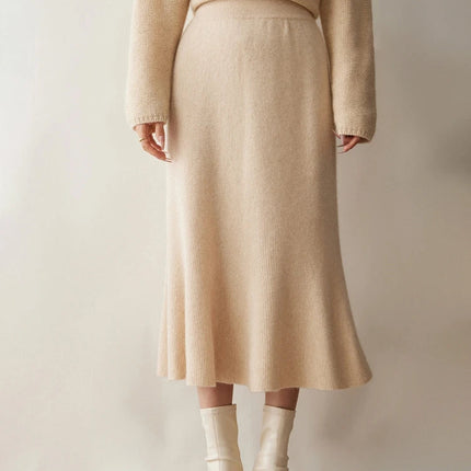 Autumn Winter Women New 100% Cashmere Fishtail Skirt  Mid Length Slimming High Waisted Knitted Umbrella Skirt Elegant Dress PlatiNum