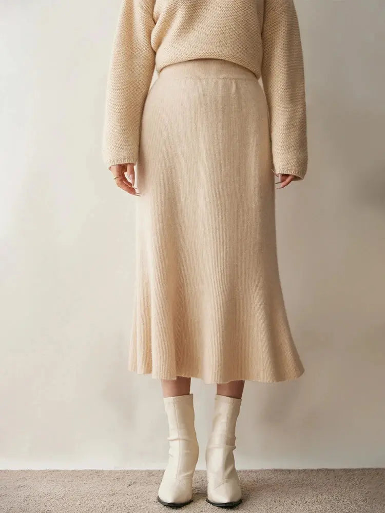 Autumn Winter Women New 100% Cashmere Fishtail Skirt  Mid Length Slimming High Waisted Knitted Umbrella Skirt Elegant Dress PlatiNum