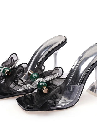 Liyke 2026 Nouvelle Mode 9CM Pantoufles à Talon Transparent Fil Net Rose Nœud Papillon Sandales d'Été Chaussures Transparentes pour Femmes Claquettes Présentations des entreprises productrices de jeux