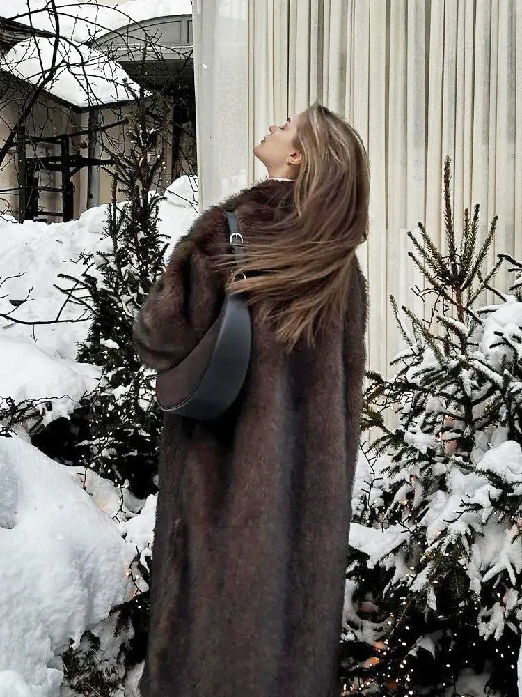 ZADORIN 120cm Super Long Luxury Winter Brown Faux Fur Coat Woman Elegant Belted Lapel Thick Fluffy Fur Jacket High Quality Coats
