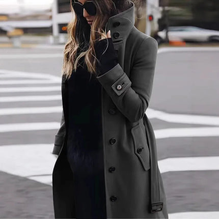 New Solid Color Button Long Wool Coat Autumn Warm Stand Collar Women Coat Fashion Ladies High Neck Pocket Belt Trench Coat