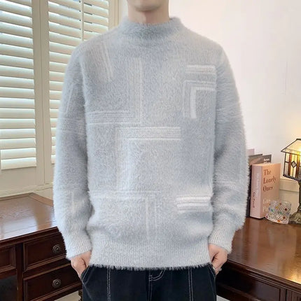 2025 Thickened Sweater Men's Autumn Winter Casual Half High Neck Pullover Knitwear Furry Korean Loose Simple Sweaters 3 Colors