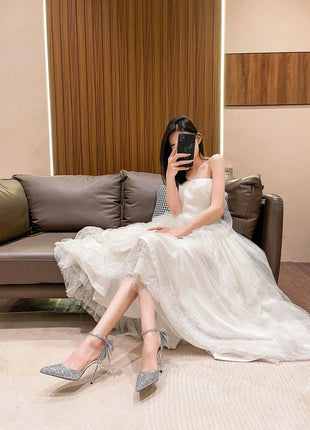 Shoes for Woman 2025 Silver Women's heeled Summer Footwear Wedding Bride Shoe Rhinestone Pointed Toe Super High Heel Diamond PlatiNum