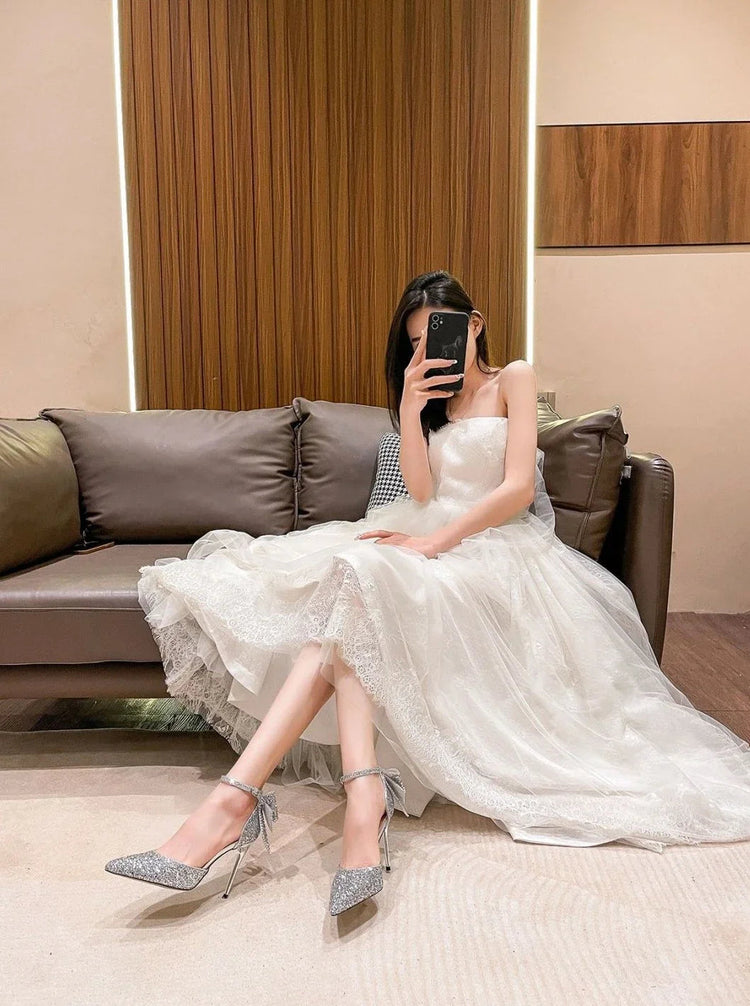 Shoes for Woman 2025 Silver Women's heeled Summer Footwear Wedding Bride Shoe Rhinestone Pointed Toe Super High Heel Diamond PlatiNum