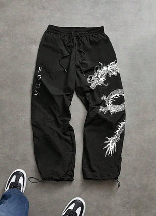 Pantaloni Larghi in Nylon con Stampa Drago per Uomo, Primavera-Estate, Joggers Streetwear per Palestra e Uso Quotidiano, Nero e Blu