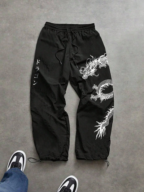 Pantaloni Larghi in Nylon con Stampa Drago per Uomo, Primavera-Estate, Joggers Streetwear per Palestra e Uso Quotidiano, Nero e Blu
