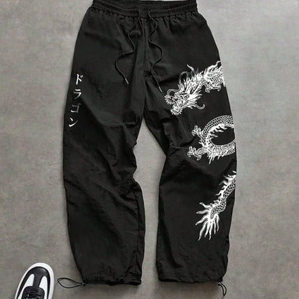Pantaloni Larghi in Nylon con Stampa Drago per Uomo, Primavera-Estate, Joggers Streetwear per Palestra e Uso Quotidiano, Nero e Blu