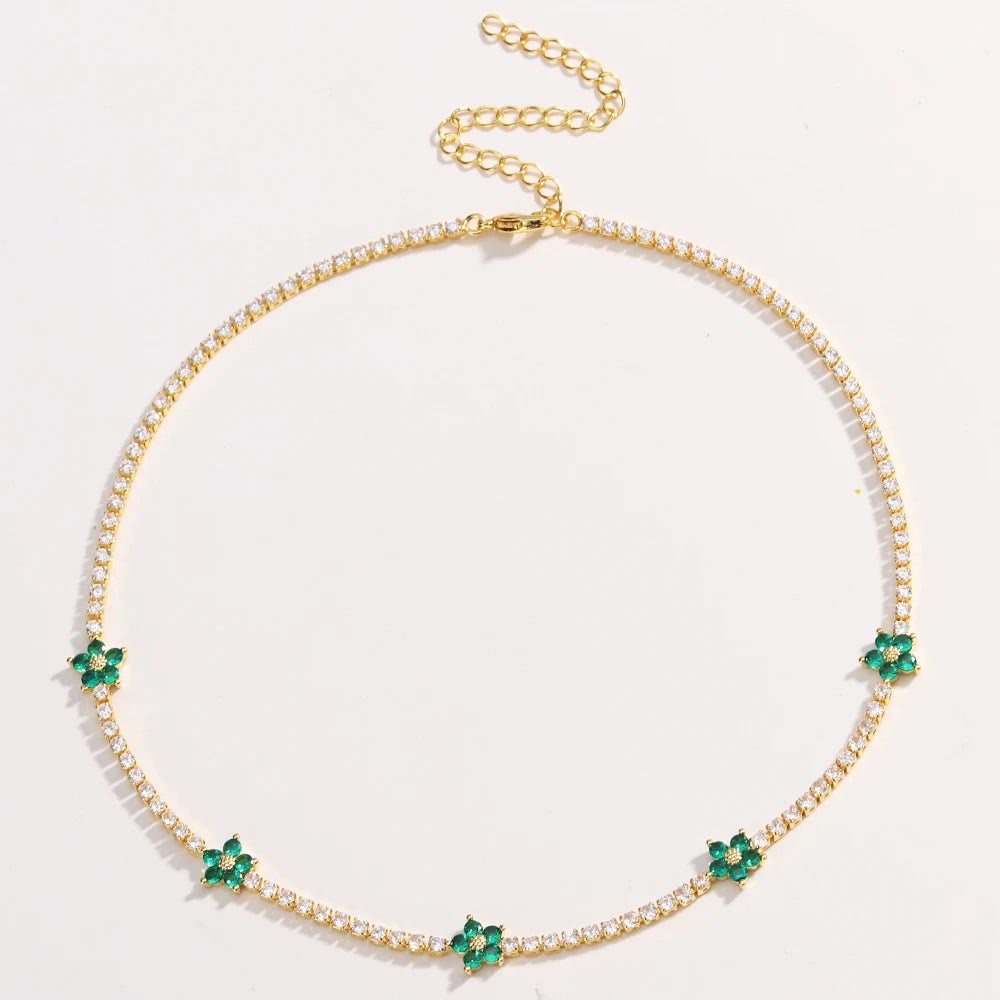 Fiori colorati con zirconi cubici Baguette Catena da tennis Collana girocollo da donna Gioielli hip-hop in ottone per donna Dorato