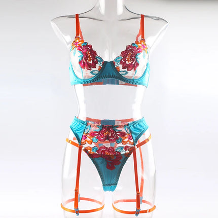Luxury Embroidery Lingerie Three Piece Sets Sexy Mesh Patchwork See Through Bras And Panties Garter Erotic Intimate Outfits