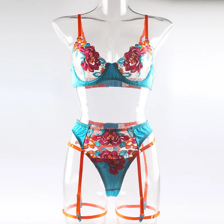 Luxury Embroidery Lingerie Three Piece Sets Sexy Mesh Patchwork See Through Bras And Panties Garter Erotic Intimate Outfits