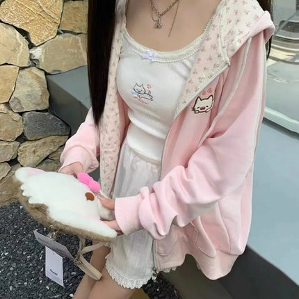 Y2k Hoodies Green Kawaii Cat Floral Print Hooded Zip-up Woman Sweatshirts Pink Thin Jacket Spring Fall Clothes Cute Streetwear