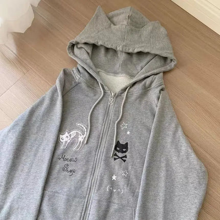 Zipper Hoodie Gothic Cartoon Kawaii Cat Ear Y2k Jacket Zip Up Thin Coat Spring Autumn Cute Core 2000s Clothes Fall Sweatshirts