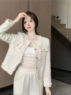 Tweed Jacket For Woman Womens Fall Knitwear Seamless Stretchy Beaded Fringed Flaps Spliced Ribbed Decorative Classical Artistic