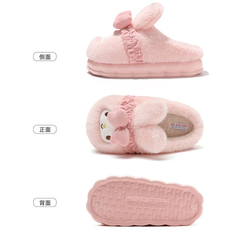 Women Cute Hello Kitty Thick Platform Plush Slippers Warm Fuzzy Non-Slip Bowknots Winter Indoor Bedroom Cozy Fluffy House Slides