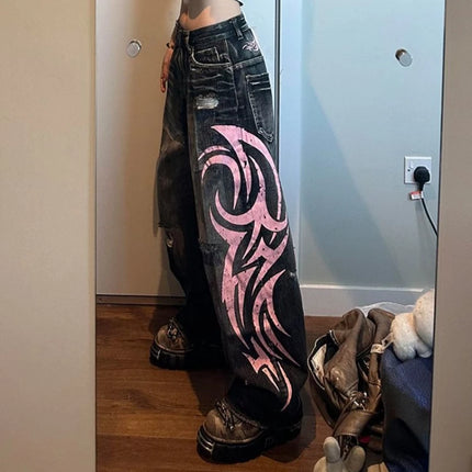 Women's Denim Jeans Wide Leg Long Pants High Waist Straight Hole Pants Y2k Streetwear Print Mom Jeans Casual Loose 2025