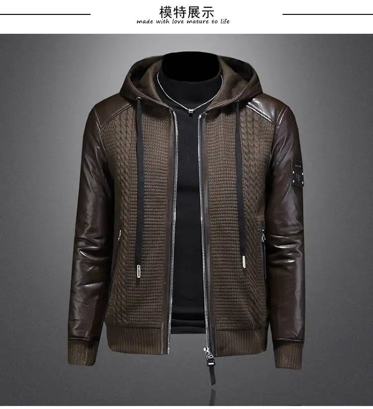 Winter Jackets Mens Duck Down Jacket Men 2025 Autumn Men's Knitted Spliced Leather Jacket Hooded Down Jacket Coat Kurtka Zimowa