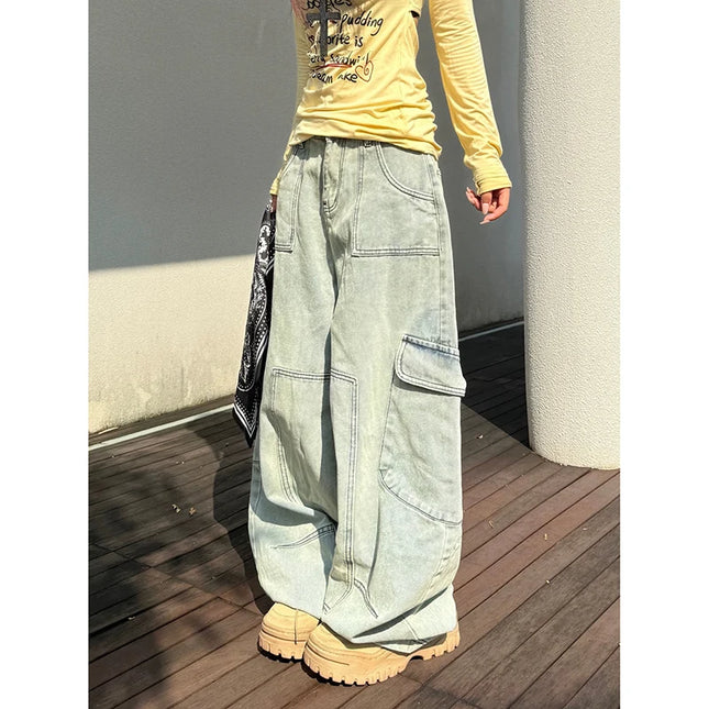 YIBASHU Women's Gothic Emo Y2k Black Jeans, Vintage Oversized Japandi Style, Harajuku Loose Denim Pants