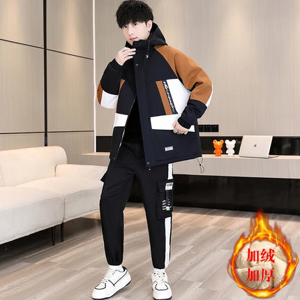 Men's Casual Wool Lined Thickened Hooded Set Fashionable Warm Sweatshirt Jacket Trendy Autumn Winter Men 2 Piece