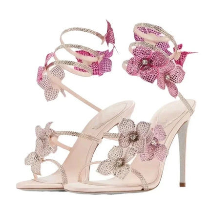 Eilyken Sexy CRYSTAL Flower Thin High Heels Women Sandals Street Style Narrow Band Ankle Strap Pole Dancing Ladies Shoes PlatiNum