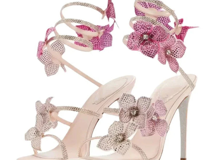 Eilyken Sexy CRYSTAL Flower Thin High Heels Women Sandals Street Style Narrow Band Ankle Strap Pole Dancing Ladies Shoes PlatiNum