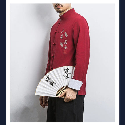 Camicie a maniche lunghe da uomo Ricamo tradizionale in cotone e lino Casual Tang Suit Cardigan da uomo Camicette Kung Fu retrò stile cinese da uomo