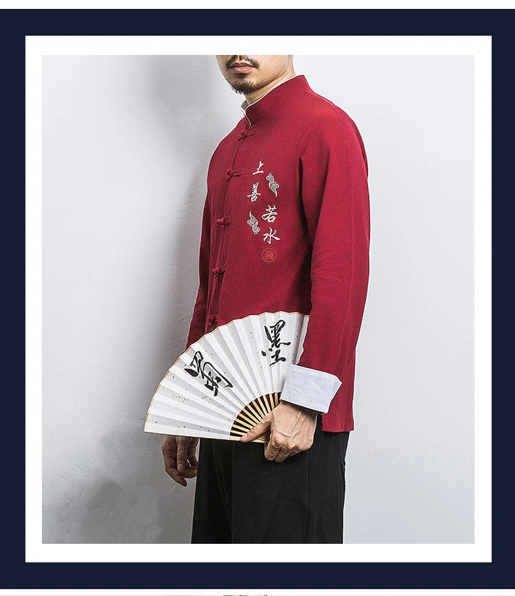 Camicie a maniche lunghe da uomo Ricamo tradizionale in cotone e lino Casual Tang Suit Cardigan da uomo Camicette Kung Fu retrò stile cinese da uomo