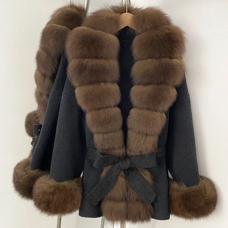 Real Fur Wool Jacket Fashion Reality Fur Jacket Women Natural Fox Fur Cuffs Winter Clothing Female Elegant with Belt Woolen Coat
