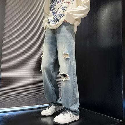 New vintage casual loose fit men's jeans with high street style straight leg denim pants for teenagers, torn knees and damaged PlatiNum