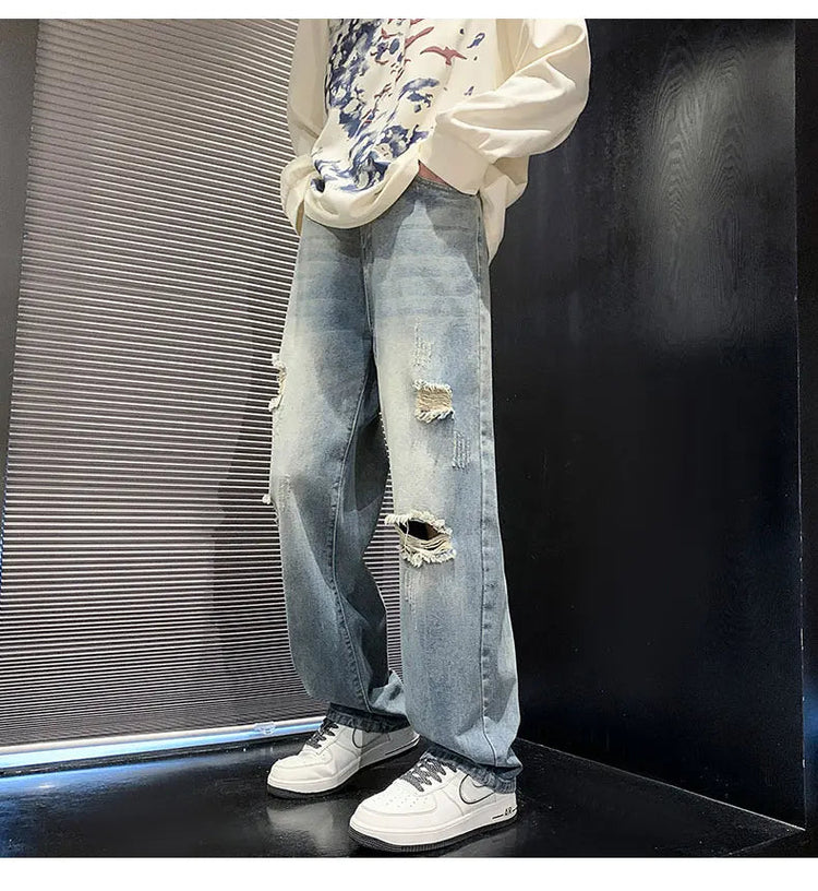 New vintage casual loose fit men's jeans with high street style straight leg denim pants for teenagers, torn knees and damaged PlatiNum